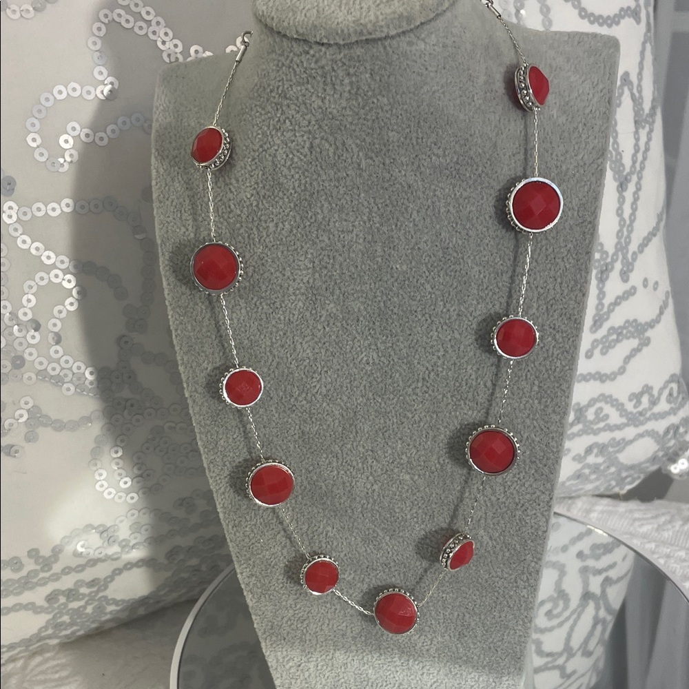 Red and Silver Necklace with faceted acylic beads